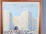 a painting of a group of people walking through a desert