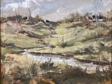une peinture d'un petit ruisseau traversant un champ