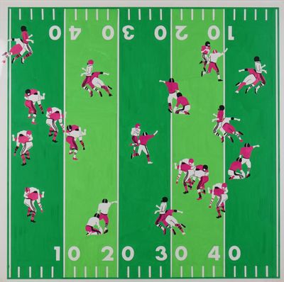 a painting of a football field with a number of players on it