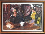 painting of two people sitting at a table with a turkey in front of them