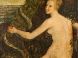 un tableau représentant une femme nue assise dans un arbre avec une pomme