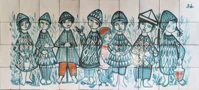 painting of a group of people on a tiled wall in a bathroom