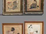 three framed asian paintings of women sitting on a bench