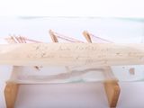 a wooden surfboard with writing on it sitting on a stand