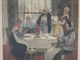 tableau représentant un groupe de personnes assises autour d'une table devant une fenêtre