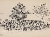 dessin représentant une foule de personnes debout devant un bâtiment