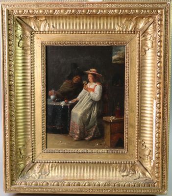 une image représentant un tableau d'une femme en robe blanche, dans un cadre doré