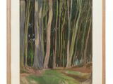 une peinture à l'huile représentant un sentier traversant une forêt peuplée de grands arbres