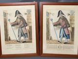 deux gravures encadrées représentant un homme coiffé d'un chapeau à trois cornes et un homme muni d'une canne