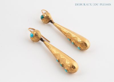 pair of gold earrings with turquoise stones on white background