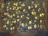 a painting of a bunch of lemons in a vase