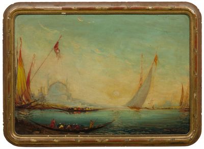 an image of a painting of boats in a body of water