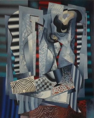 peinture abstraite représentant une chaise sur laquelle est assis un chat, avec un morceau de papier à côté
