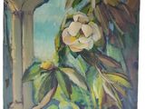 an oil painting of a white flower on a tree branch