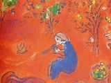 a picture of a painting of a woman in a blue dress