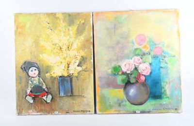 deux tableaux représentant une jeune fille assise sur une table, à côté d'un vase de fleurs
