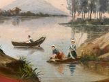a painting of people in a boat on the water