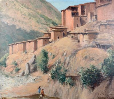 a painting of a man riding a horse on the side of a mountain