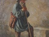 painting of an old man with a cane and a hat