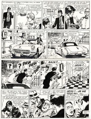 une bande dessinée en noir et blanc avec une voiture en arrière-plan