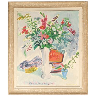 une image d'une peinture de fleurs dans un vase sur une table