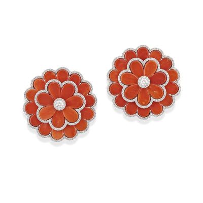 pair of coral and diamond flower earrings, by van cleef