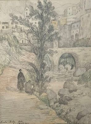 drawing of a man walking down a path near a river