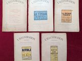 six vieux livres posés sur une surface rouge, avec une personne debout devant eux