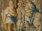 an image of a tapestry with a man on a horse and a woman on a horse