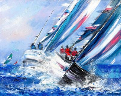 painting of a group of sailboats racing in the ocean