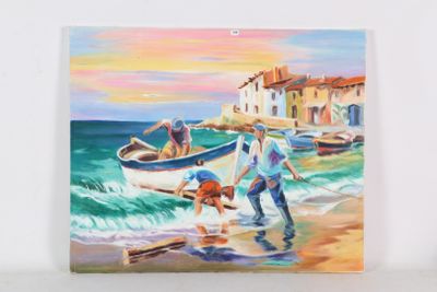 un tableau représentant deux personnes sur une plage avec un bateau