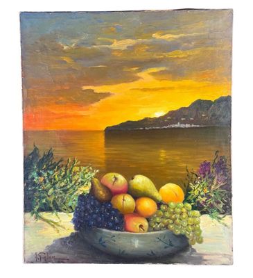 une peinture représentant une coupe de fruits sur une table