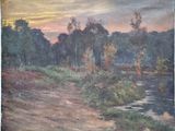 a painting of a landscape with a river in the foreground