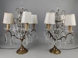 paire de lampes de table anciennes en laiton et cristal, avec abat-jours