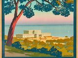 une affiche représentant un grand arbre devant un grand bâtiment