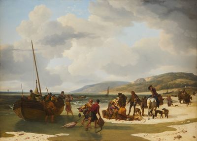 a painting of a group of people on a beach with a boat