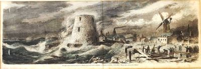 an old picture of a ship in rough water with a windmill in the background