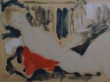 painting of a woman in a red dress sitting on a couch
