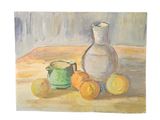 a painting of a vase and some oranges on a table