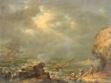 painting of a man standing on a rock in front of a body of water