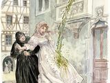 Une femme en robe blanche et une femme en robe noire marchent dans une rue.