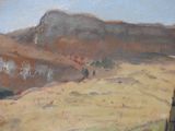 a painting of a horse in a field with a mountain in the background