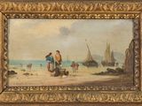 une peinture à l'huile représentant des personnes sur une plage, avec des bateaux en arrière-plan