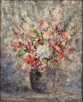 une peinture à l'huile représentant un vase avec des fleurs sur une table