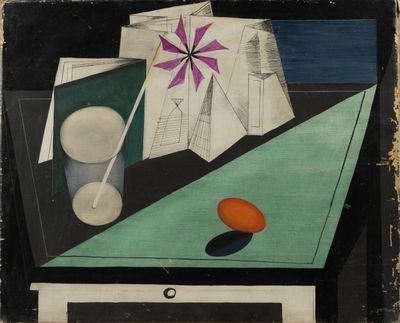 une image représentant un tableau sur lequel on voit une table avec une orange et un verre