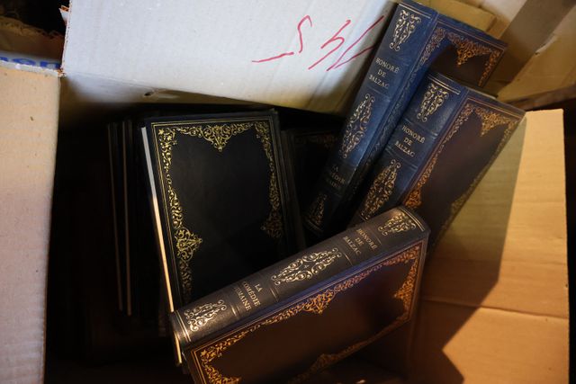 Lot de  5 cartons dont BALZAC en 38 volumes , romans divers relié...