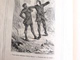 un vieux livre avec une image représentant deux hommes dans les bois