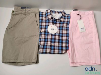 three men ' s shirts and shorts are lined up on a table