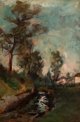 an image of a painting of a small stream running through a field