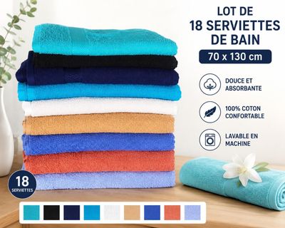 lot de 18 serviettes de bain 70 x 130 cm
